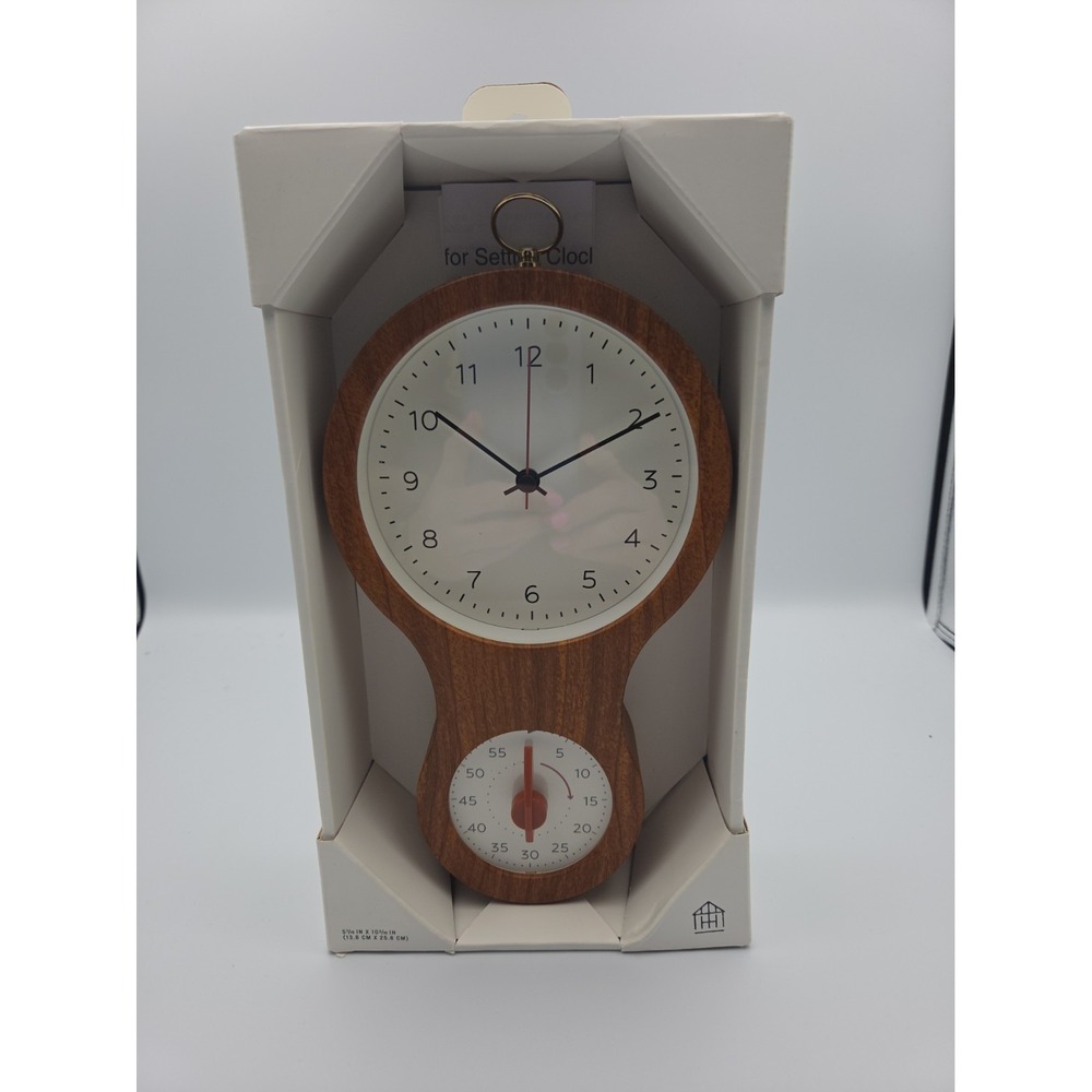 Hearth & Hand Magnolia Kitchen Wall Clock with Timer Wood Finish Brass Hook NEW